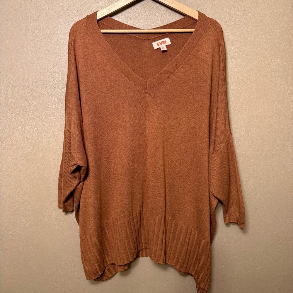 Evri Women's Oversize Warm Brown V Neck Dolman Sleeve Split Hem Sweater Size 1X